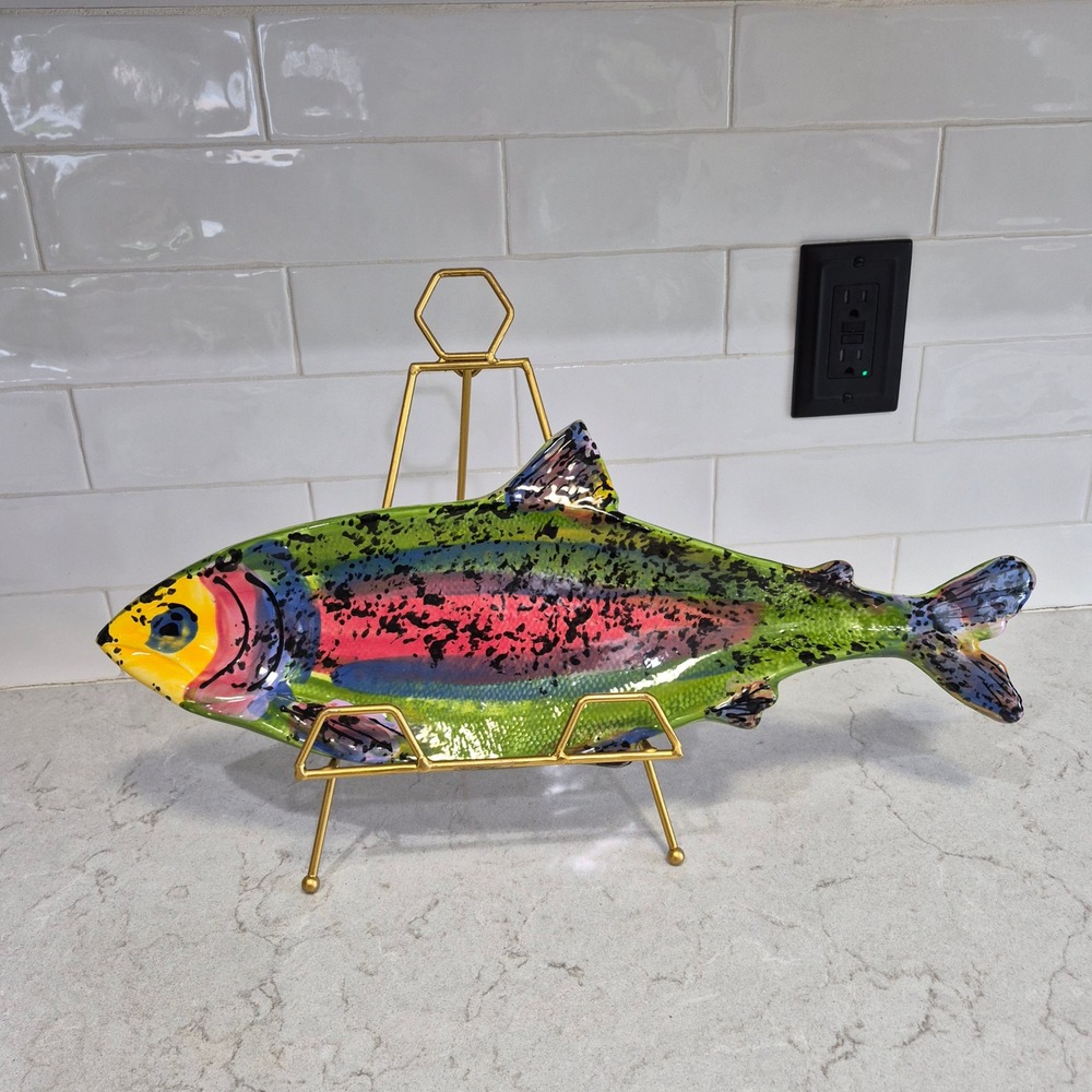 Amen Wardy Serving Platter Salmon Fish Hand Painted Green Multicolor